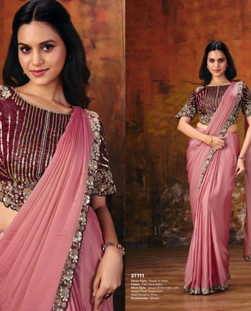 27111 - Peachy Pink Embroidered Wedding Party Designer Saree